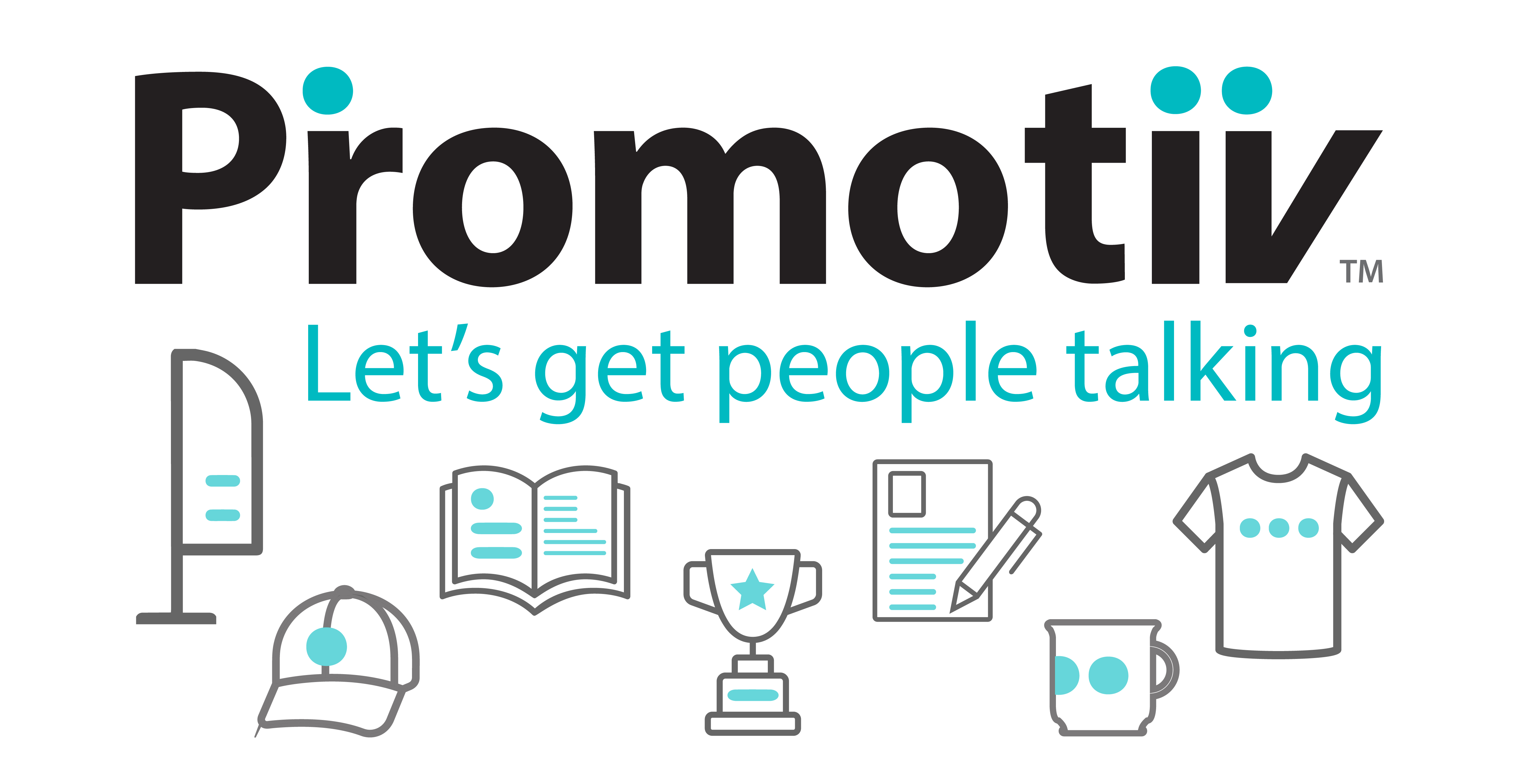 Promotiv with icons of a flag, hat, book, printed document, trophy, decorated mug, and customized shirt